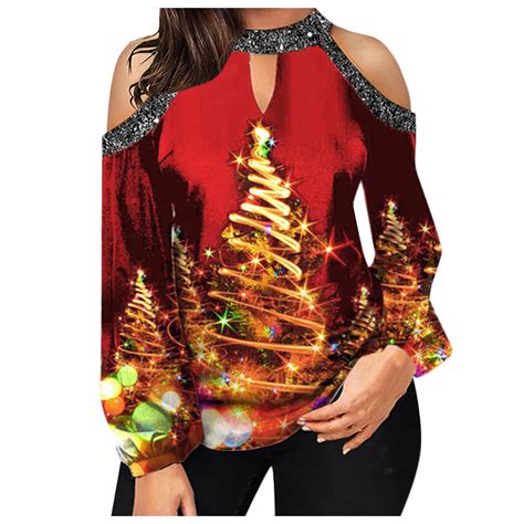 Christmas Style Shirts Women Long Sleeve Off Shoulder Fashion Tee