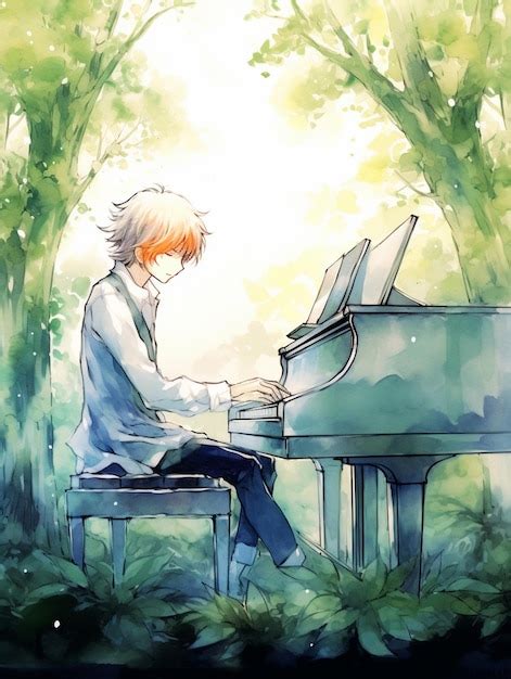 Premium Photo | Anime boy sitting at a piano in the woods generative ai