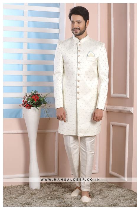 Cream Art Silk Wedding Wear Indo Western Sherwani