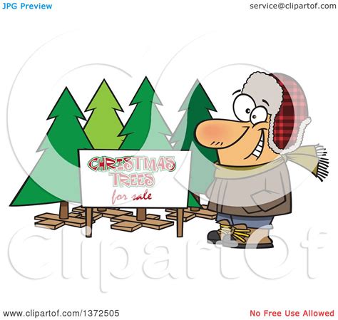 Cartoon Clipart Of A Happy White Man Selling Christmas Trees At A Lot