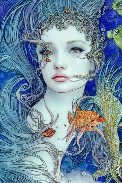 Mermaid Face Closeup Surrounded By Goldfish Art By Stable Diffusion