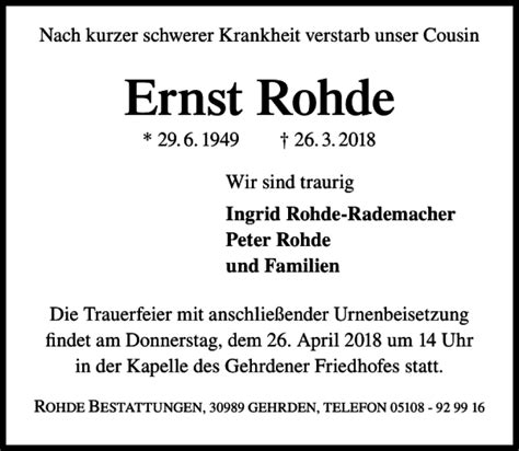 Traueranzeigen Von Ernst Rohde Trauer Anzeigen De