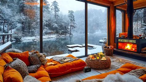 Cozy Lakeside Porch Ambience Snowfall With Smooth Jazz Music