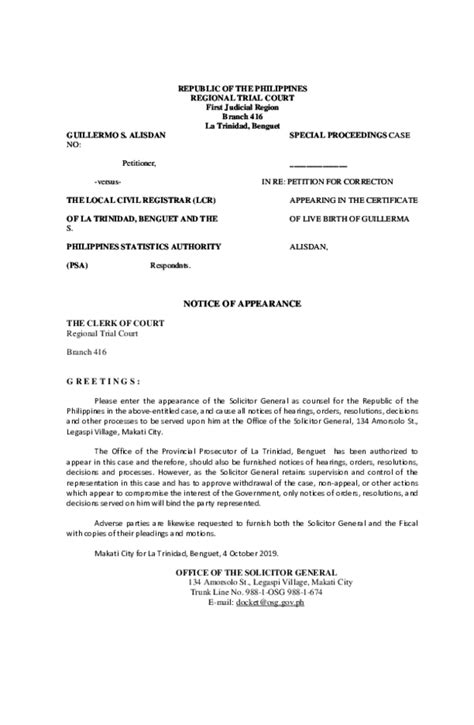 Doc Republic Of The Philippines Regional Trial Court First Judicial Region Branch 416 Notice