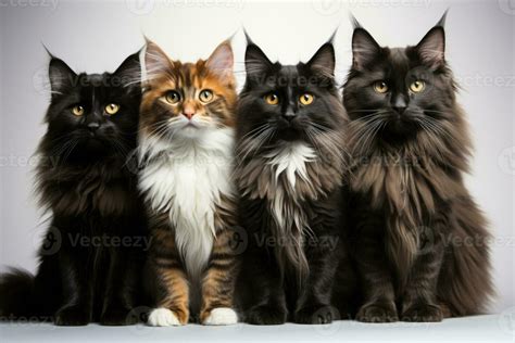 Group Of Multicolored Maine Coon Cats On White Background AI Generative