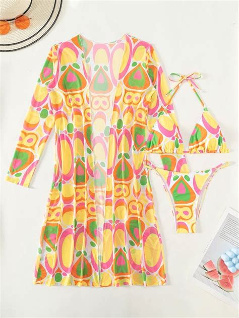 Is That The New Colorful Abstract Print Bikini Set Halter Triangle Bra Thong Bottom Cover Up