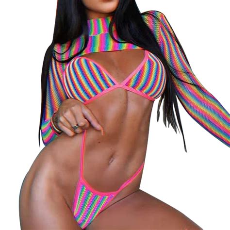 Sexy Rainbow Striped Bikinis Sets 3pcs Women Swimwear Push Up Bra Low