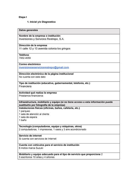 Etapa 1 de práctica supervisada Etapa I 1 Inicial y o Diagnostica