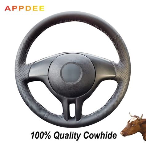 Appdee Black Genuine Leather Hand Stitched Car Steering Wheel Cover For