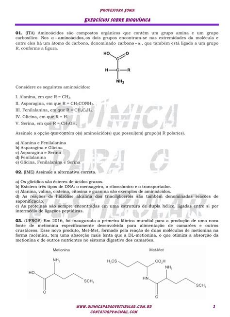 PDF Exercícios sobre bioquímica Identifique na estrutura do