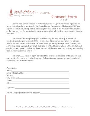 Fillable Online Doe Sd Adult Consent Form Department Of Education