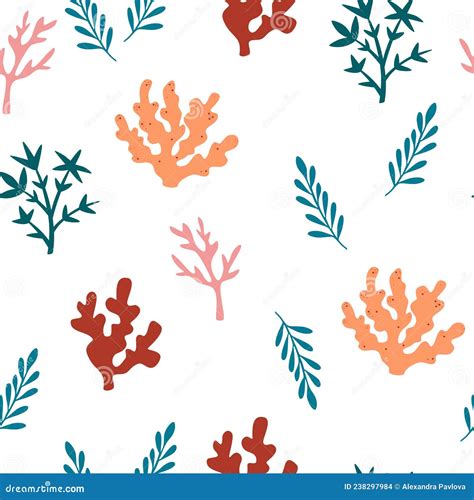 Seaweed Seamless Pattern Underwater Algae Corals Background Marine