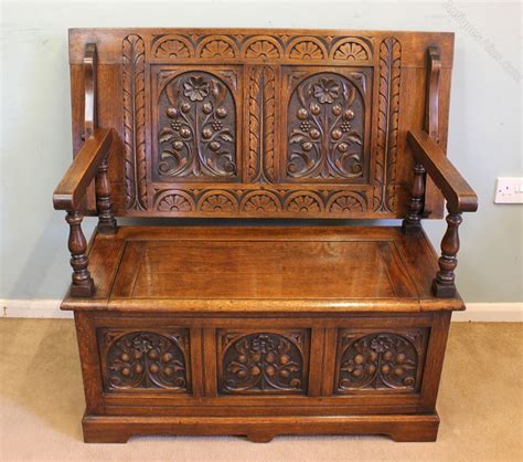 Carved Oak Monks Bench Hall Seat Box Settle Antiques Atlas