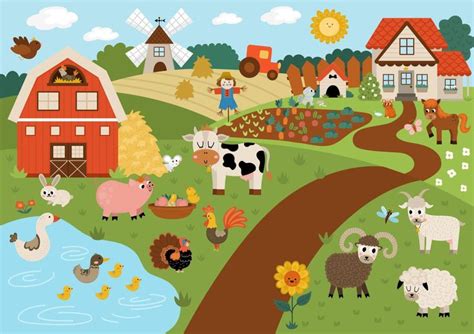 Vector farm landscape illustration. Rural village scene with animals ...