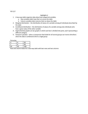 Psy 217 Highlight 1 Lecture Notes 1 PSY 217 Highlights For Week 1 1