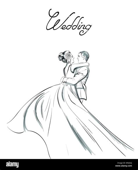 Wedding Couple Vector Line Art Lovely Couple Hugs Bride And Groom