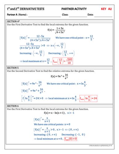 First And Second Derivative Tests Partner Activity Teaching Resources