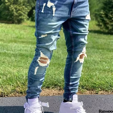 Mens Casual Street Style Stretch Jeans With Chic Ripped Slim Fit Design In 2024 Mens Outfits