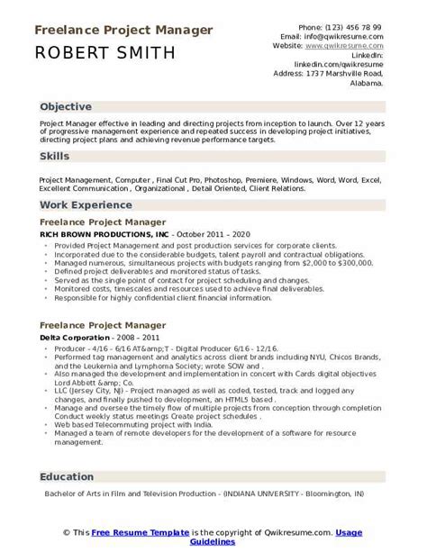 Freelance Project Manager Resume Samples Qwikresume