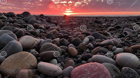 Grey Pebbles On Beach At Sunset With Pink Glow Grom Sunset On Some Of The Pebbles Stock