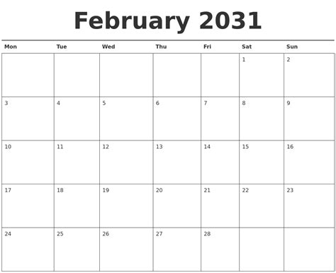 February 2031 Calendar Printable