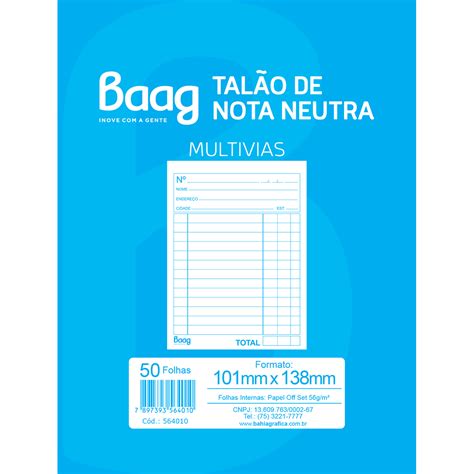 TALÃO DE NEUTRA 1 32 1VIAS 50 FOLHAS Baag Produtos de Papelaria