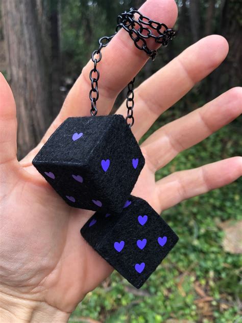 Black Fuzzy Dice With Purple Hearts And Chain Or Cord Car Accessories