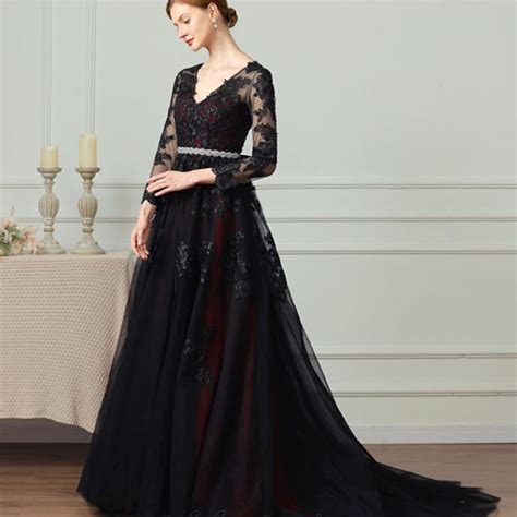 Black And Dark Red A Line Gothic Wedding Dress With Long Sleeves