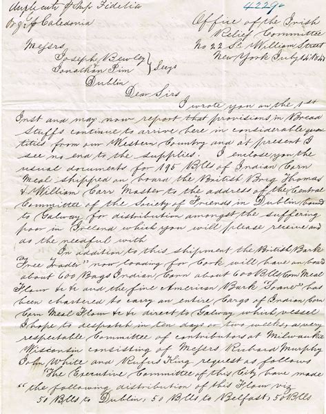 1847 (14 July) Office of the Irish Relief Committee famine letter at ...