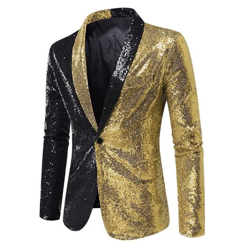 Wreesh Mens Sequins Suit Jacket Color Block Stylish Blazer Peaked Lapel