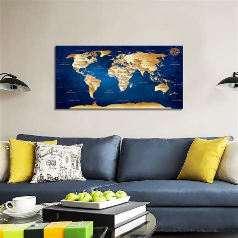 Arte De Pared Con Mapa Azul Del Mundo Pintura Lista Para Colgar 20 X