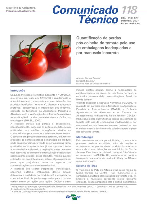 Pdf Quantifica O De Perdas P S Colheita De Tomate Pelo Uso De