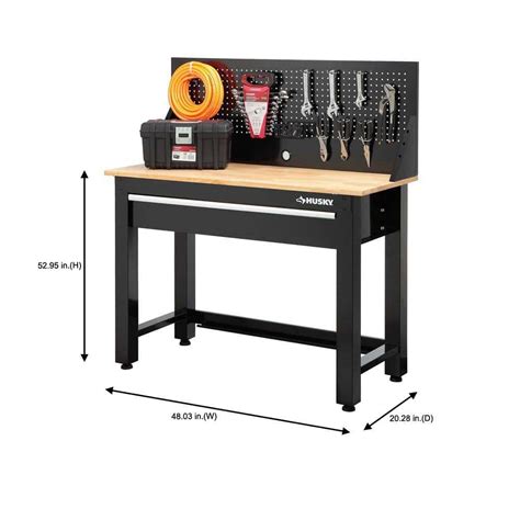 Husky G S Us Ft Solid Wood Top Workbench In Black With Pegboard