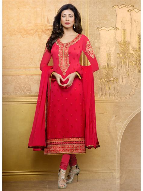 Saara Red Coloured Straight Cut Dress Material Salwar Kameez