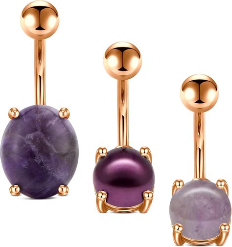 Jforyou 3pcs Belly Button Rings Oval Purple Crystal Faux Pearl 4 Prong Style Belly Navel Rings