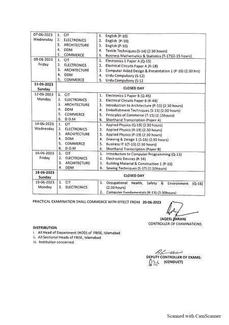 FBISE Revised Date Sheet For Diplomas Annual Exams 2023