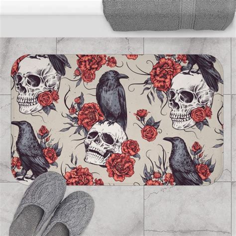 Gothic Raven And Skulls Bath Mat Witchy Home Decor Goth Bathroom