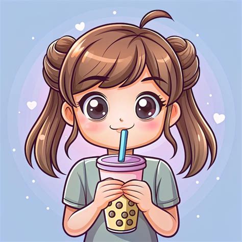 Une jolie fille buvant du thé à bulles logo bannière dessin animé à la