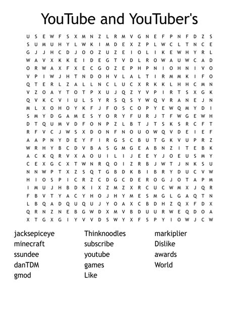 Youtubers Word Search Wordmint