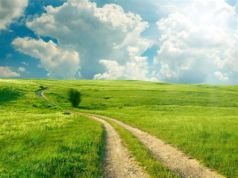 Green Lawn Field Road Greens Field Summer The Sky Grass Clouds