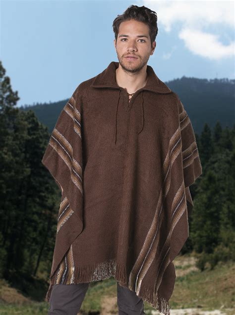 V Neck Brown Alpaca Poncho For Men Gamboa