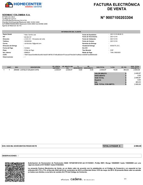 Homecenter FAC 9007100203304 Listelos Cosina FACTURA ELECTR Ó NICA DE