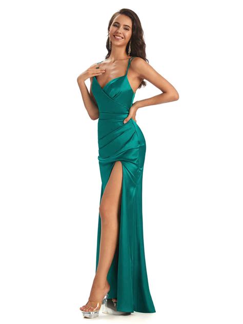 Sexy Soft Satin Side Slit Spaghetti Straps Floor Length Mermaid