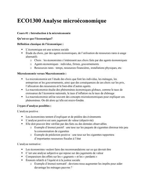 Notes de cours ECO1300 Analyse microéconomique Cours 1