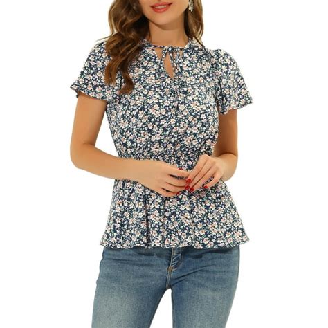 Allegra K Womens Floral Print Short Sleeves High Waist Tie Neck Peplum Top