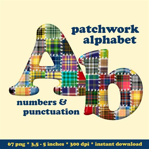 Patchwork Digital Alphabet Clipart Colorful Plaid Font With Large And Small Letters Numbers