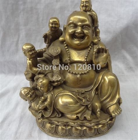 Chinese Fengshui Brass Happy Laugh Maitreya Yuanbao Ruyi Bat Buddha