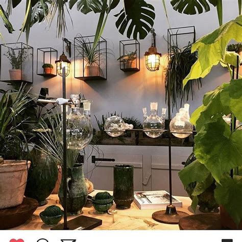 A Table Topped With Lots Of Potted Plants Next To A Wall Mounted Planter