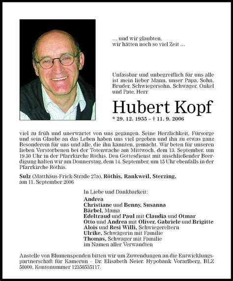 Todesanzeigen Von Hubert Kopf Todesanzeigen Vorarlberger Nachrichten