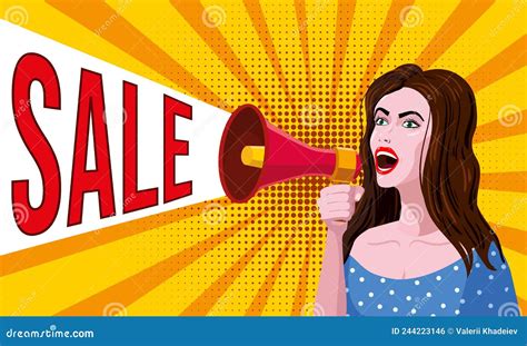 Promotion Advance Sale Woman Shouting In Megaphon Loudspeaker